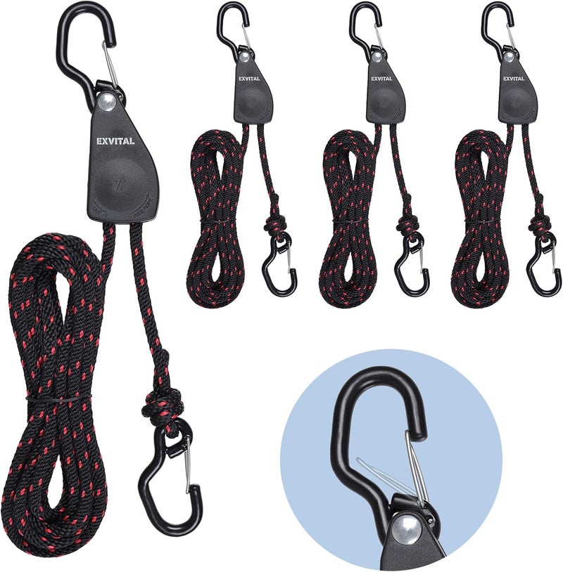 EXVITAL 4PCS Kayak Rope Tie Down Ratchet Straps 1/4" ×12' Bow and Stern Tie Down Kayak with Safety S Hook Heavy Duty Ratchet Rope Kayak and Canoe Accessories Black - Image 1